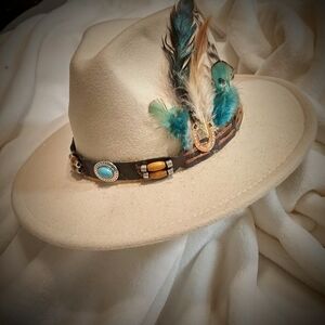 Cream Fedora with Feather and Bead Accents